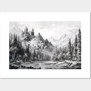 Fortress Mountain Castle Fantasy Story Ink Sketch Style Posters and Art